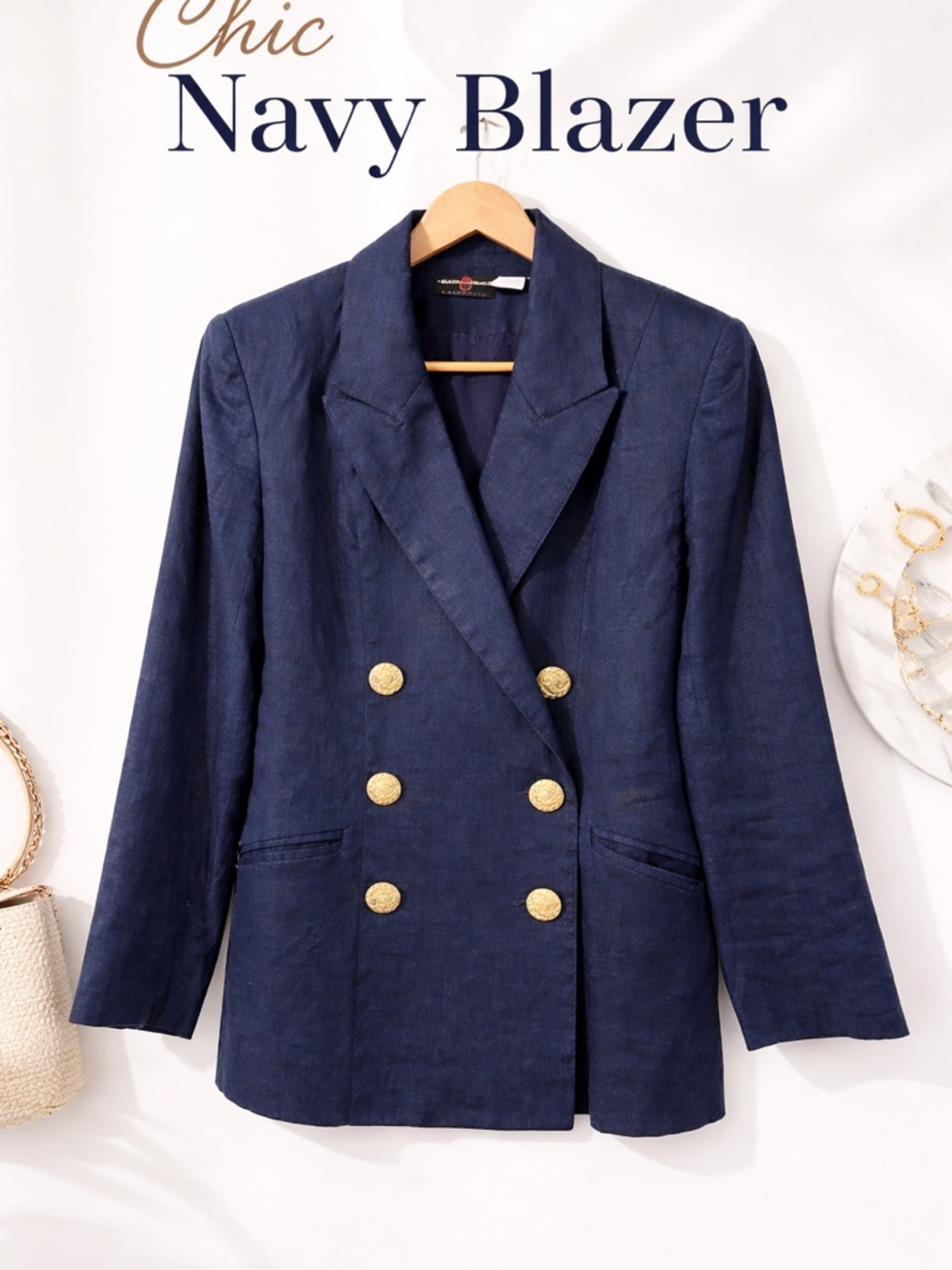 Navy Linen Blazer Gold Buttons Double Breasted Resort Chic M